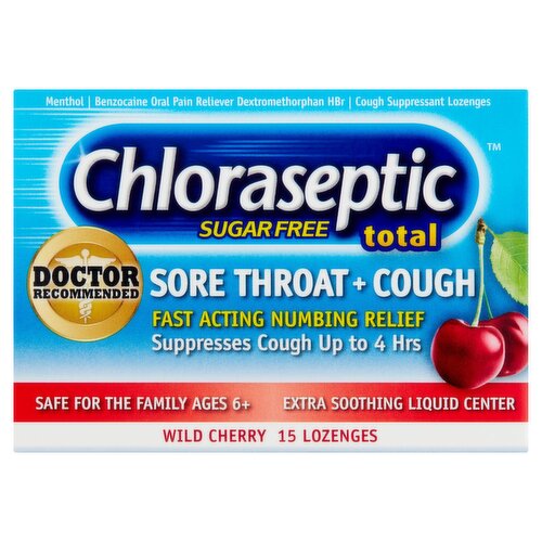 Chloraseptic Wild Cherry Total Sugar Free Sore Throat + Cough Lozenges, 15 count