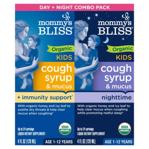 Mommy's Bliss Organic Kids Day+Night Cough Syrup Liquid Dietary Supplement, Age 1-12 years, 4 fl oz