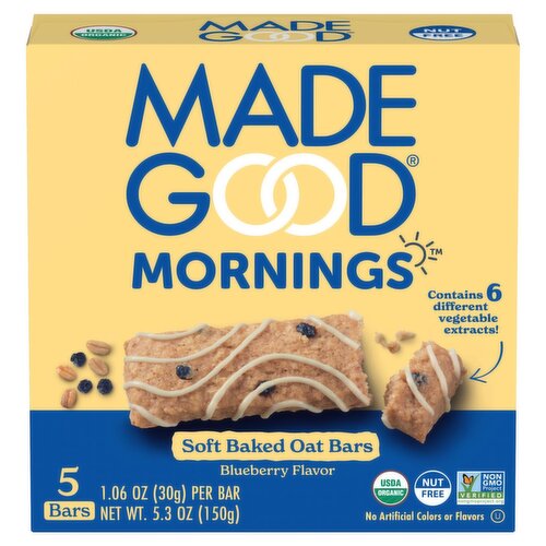 MadeGood Mornings Blueberry Flavor Soft Baked Oat Bars, 1.06 oz, 5 count