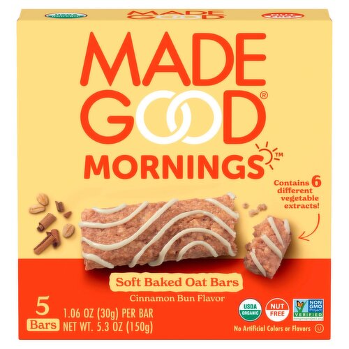 MadeGood Mornings Cinnamon Bun Flavor Soft Baked Oat Bars, 1.06 oz, 5 count