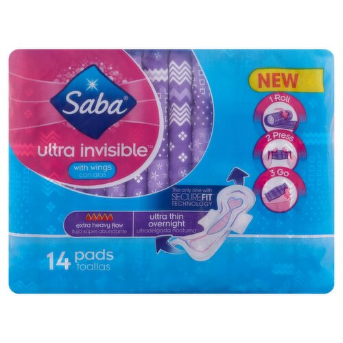 Saba Ultra Invisible with Wings Ultra Thin Overnight Pads, 14 count
