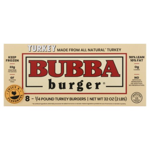 Bubba Burger Turkey Burger, 1/4 pound, 8 count