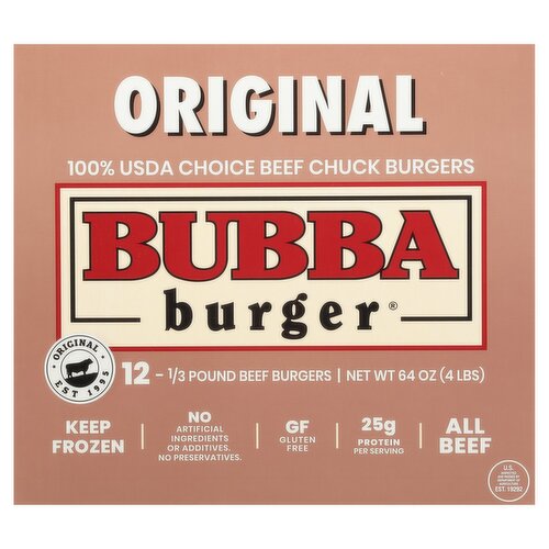 Bubba Burger Original 100% USDA Choice Beef Chuck Burgers, 1/3 pound, 12 count