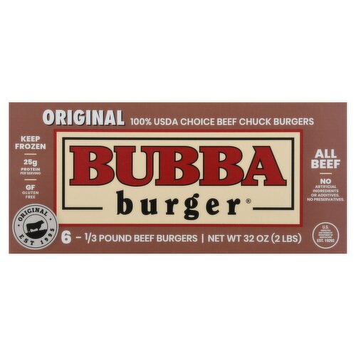 Bubba Burger Original Beef Burgers, 1/3 pound, 6 count