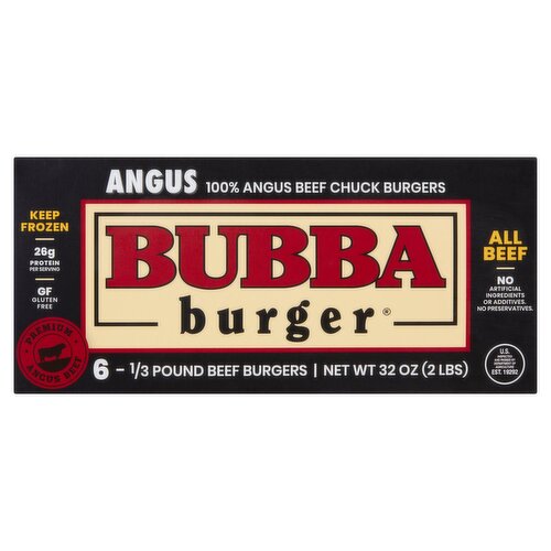Bubba Burger 100% Angus Beef Chuck Burgers, 6 count, 1/3 pound