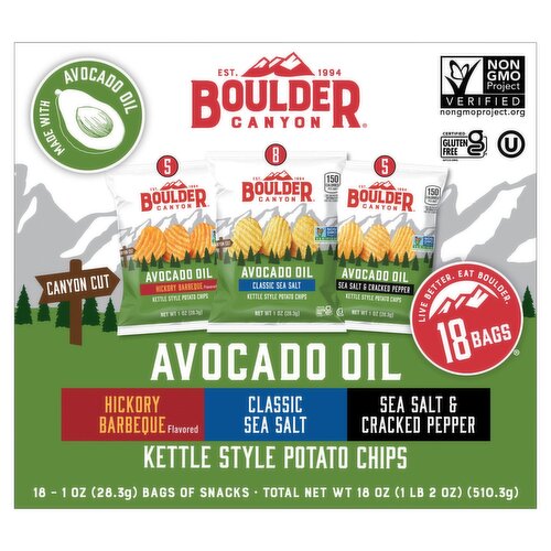 Boulder Canyon Avocado Oil Kettle Style Potato Chips Variety Pack, 1 oz, 18 count