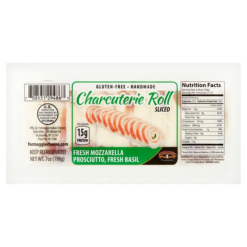 Formaggio Handmade Fresh Mozzarella, Proscuitto, Fresh Basil Sliced Charcuterie Roll, 7 oz