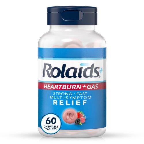 Rolaids Heartburn + Gas Antacid, 60 Chewable Tablets, Assorted Berry, Heartburn and Gas Relief