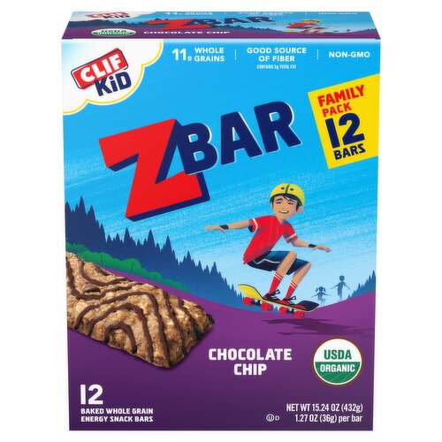 Clif Kid ZBar Chocolate Chip Baked Whole Grain Energy Snack Bars Family Pack, 1.27 oz, 12 count