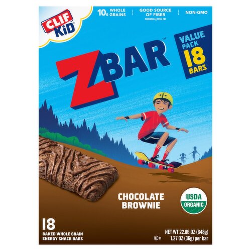 Clif Kid ZBar Chocolate Brownie Baked Whole Grain Energy Snack Bars, 1.27 oz, 18 count