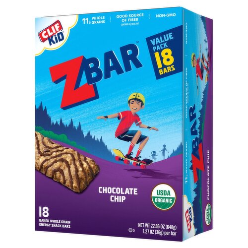 Clif Kid ZBar Chocolate Chip Baked Whole Grain Energy Snack Bars Value Pack, 1.27 oz, 18 count