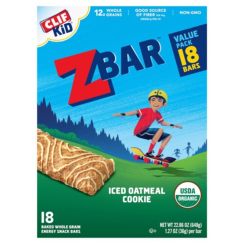 Clif Kid ZBar Iced Oatmeal Cookie Baked Whole Grain Energy Snack Bars Value Pack, 1.27 oz, 18 count