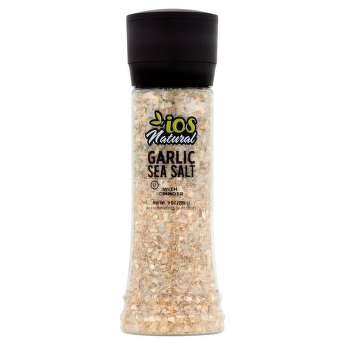 IOS Natural Garlic Sea Salt with Grinder, 9 oz