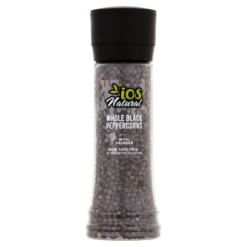 IOS Natural Whole Black Peppercorns with Grinder, 5.8 oz