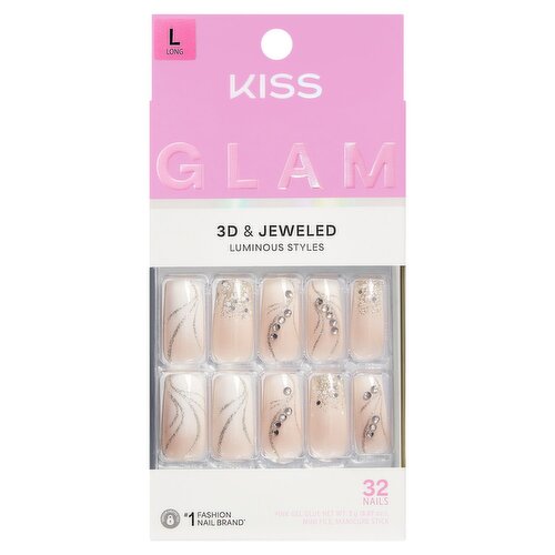 Kiss Glam 3D & Jeweled Wrapped in Beauty Luminous Styles Nails, Size L, 32 count