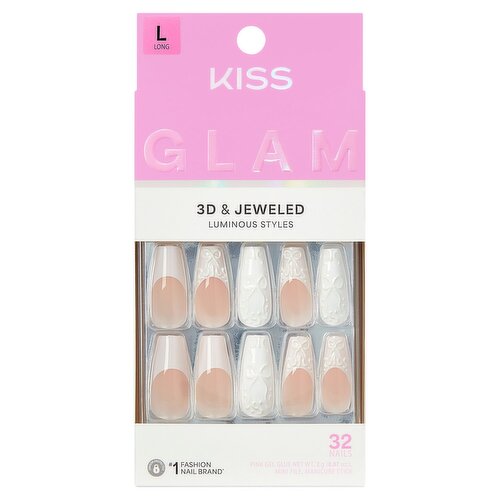 Kiss Glam 3D & Jeweled Breath of Harmony Luminous Styles Nails, Size L, 32 count