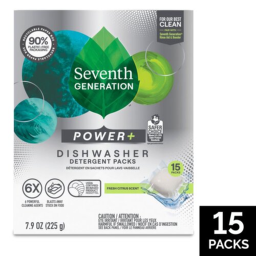 Seventh Generation Power+ Fresh Citrus Scent Dishwasher Detergent Packs, 15 count, 7.9 oz