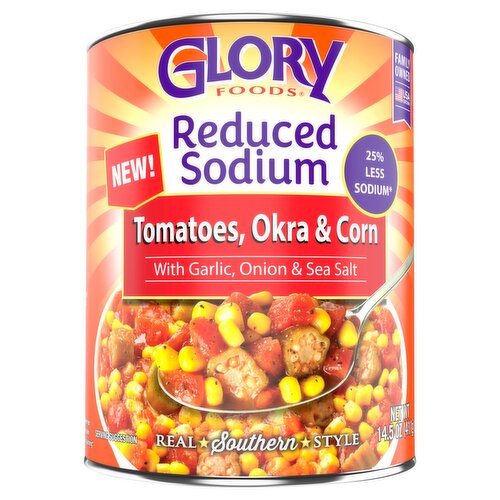 Glory Foods Reduced Sodium Tomatoes, Okra & Corn, 14.5 oz