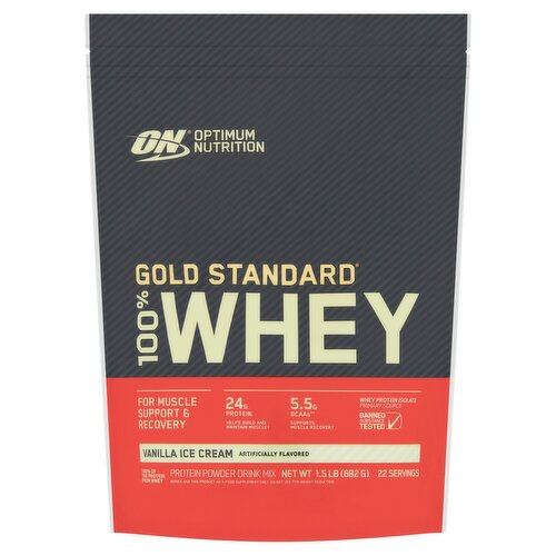 Optimum Nutrition Gold Standard 100% Whey Vanilla Ice Cream Protein Powder Drink Mix, 1.5 lb