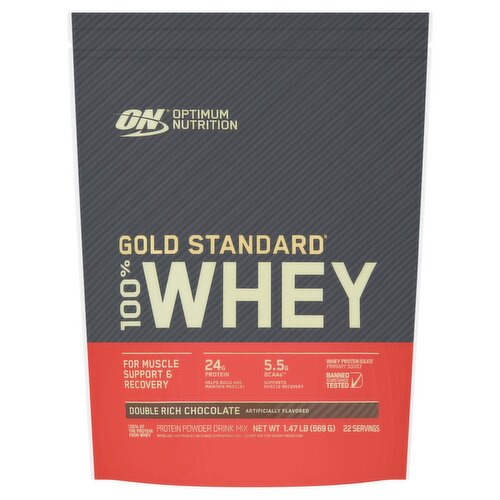 Optimum Nutrition Gold Standard 100% Whey Double Rich Chocolate Protein Powder Drink Mix, 1.47 lb