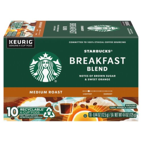 Starbucks Breakfast Blend Medium Roast Ground Coffee K-Cup Pods, 0.44 oz, 10 count