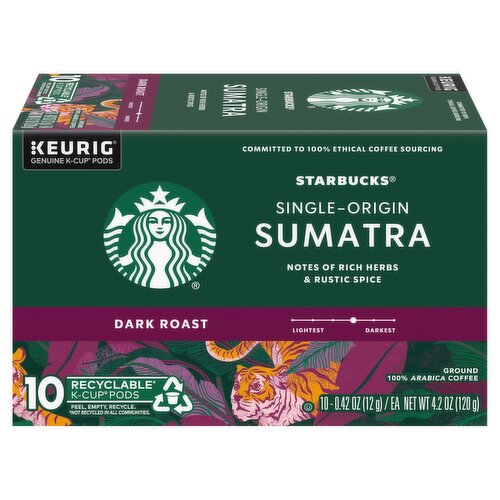 Starbucks Single-Origin Sumatra Dark Roast Ground Coffee K-Cup Pods, 0.42 oz, 10 count