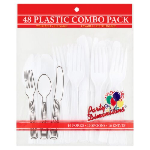 Party Dimensions White Plastic Forks, Spoons and Knives Combo Set, 48 count