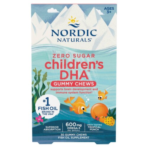 Nordic Naturals Zero Sugar Children's DHA Gummy Chews Fish Oil Supplement, Ages 3+, 30 count