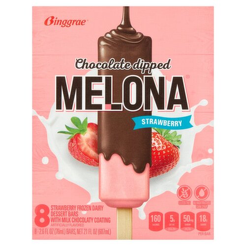 Binggrae Melona Chocolate Dipped Strawberry Frozen Dairy Dessert Bars, 2.6 fl oz, 8 count