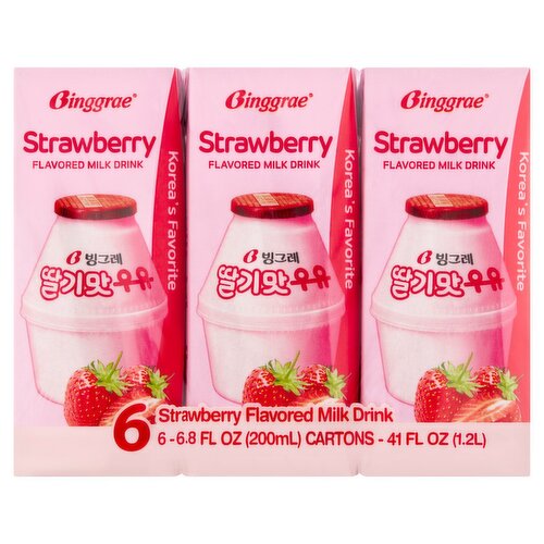 Binggrae Strawberry Flavored Milk Drink, 6.8 fl oz, 6 count