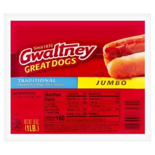 Gwaltney Jumbo Traditional Chicken Hot Dogs, 16 oz