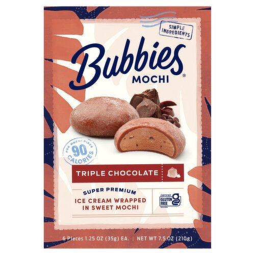 Bubbies Triple Chocolate Ice Cream Wrapped in Sweet Mochi, 1.25 oz, 6 count