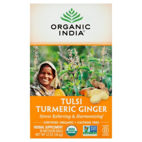 Organic India Tulsi Turmeric Ginger Herbal Supplement, 18 count, 1.2 oz