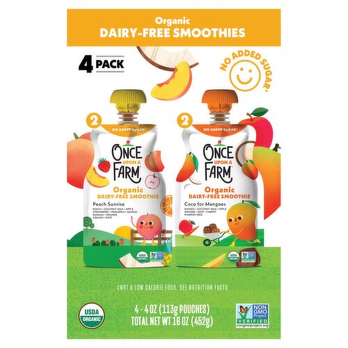 Once Upon a Farm Organic Peach Sunrise & Coco for Mangoes Dairy-Free Smoothies, 4 oz, 4 count