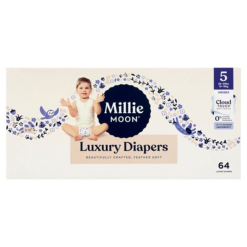 Millie Moon Cloud Touch Softness Unisex Luxury Diapers, Size 5, 28-39 lbs, 64 count