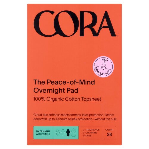 Cora 100% Organic Cotton Topsheet The Peace-of-Mind Overnight Pad, 28 count