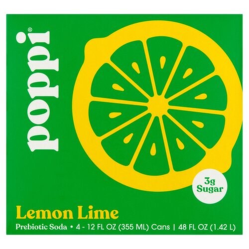 Poppi Lemon Lime Prebiotic Soda, 12 fl oz, 4 count