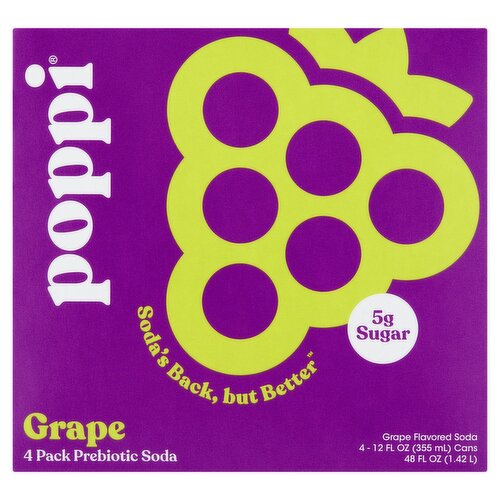 Poppi Grape Flavored Prebiotic Soda, 12 fl oz, 4 count