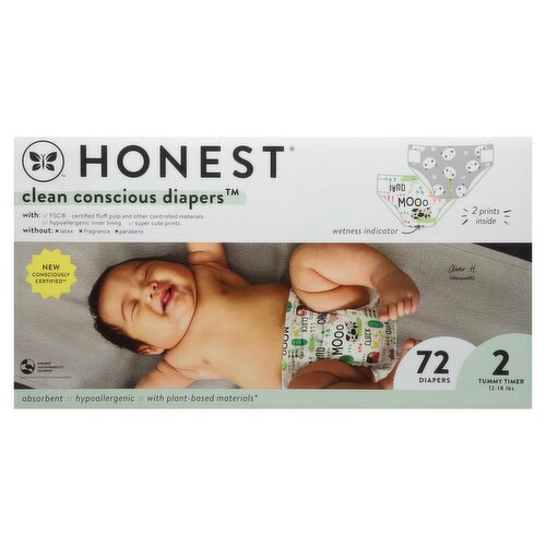 Honest Clean Conscious Diapers, 2 Tummy Timer, 12-18 lbs, 72 count