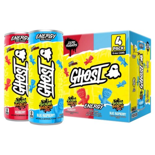 Ghost Sour Patch Kids Redberry and Blue Raspberry Energy Drink, 8.4 fl oz, 4 count