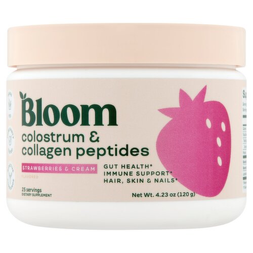 Bloom Strawberries & Cream Flavored Colostrum & Collagen Peptides Dietary Supplement, 4.23 oz