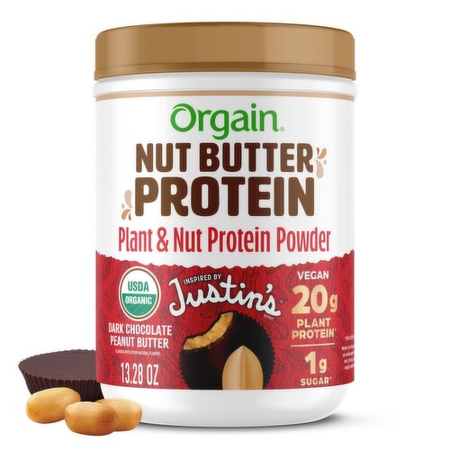 Orgain Justin's Dark Chocolate Peanut Butter Plant & Nut Protein Powder, 13.28 oz