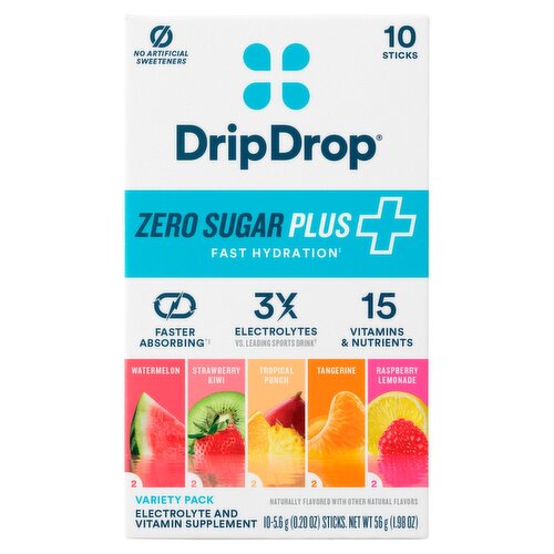 Drip Drop Zero Sugar Plus Electrolyte and Vitamin Supplement Variety Pack, 0.20 oz, 10 count