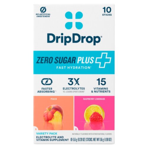 Drip Drop Zero Sugar Plus Electrolyte and Vitamin Supplement Variety Pack, 0.20 oz, 10 count