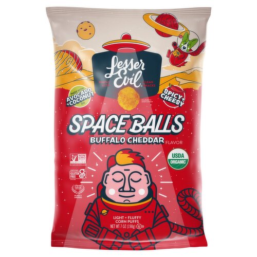 LesserEvil Space Balls Buffalo Cheddar Flavor Light + Fluffy Corn Puffs, 7 oz