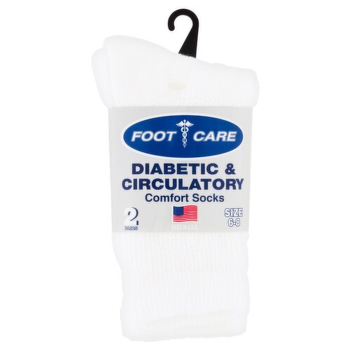 Foot Care Diabetic & Circulatory White Crew Comfort Socks, Size 6-8, 2 pairs