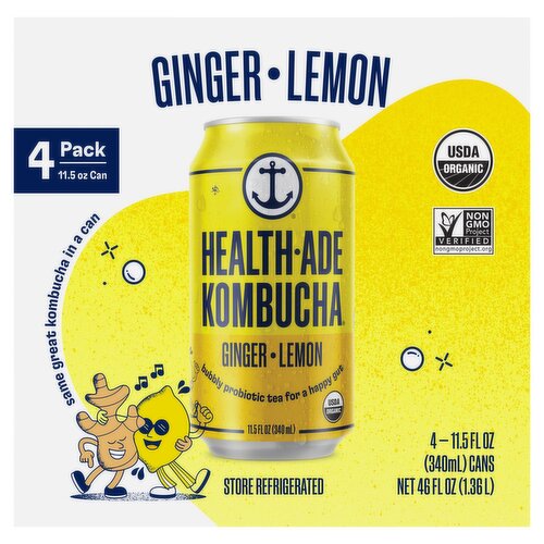 Health-Ade Kombucha Ginger Lemon Kombucha, 11.5 fl oz, 4 count