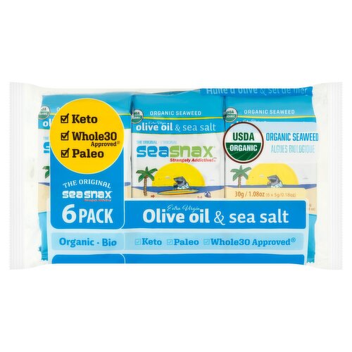 SeaSnax The Original Extra Virgin Olive Oil & Sea Salt Organic Seaweed, 0.18 oz, 6 count