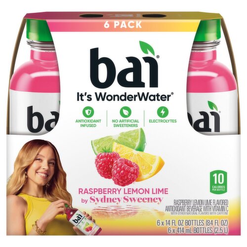 Bai It's WonderWater Raspberry Lemon Lime by Sydney Sweeney Antioxidant Beverage, 14 fl oz, 6 count