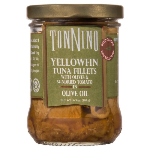 Tonnino Yellowfin Tuna Fillets with Olives & Sundried Tomato in Olive Oil, 6.3 oz